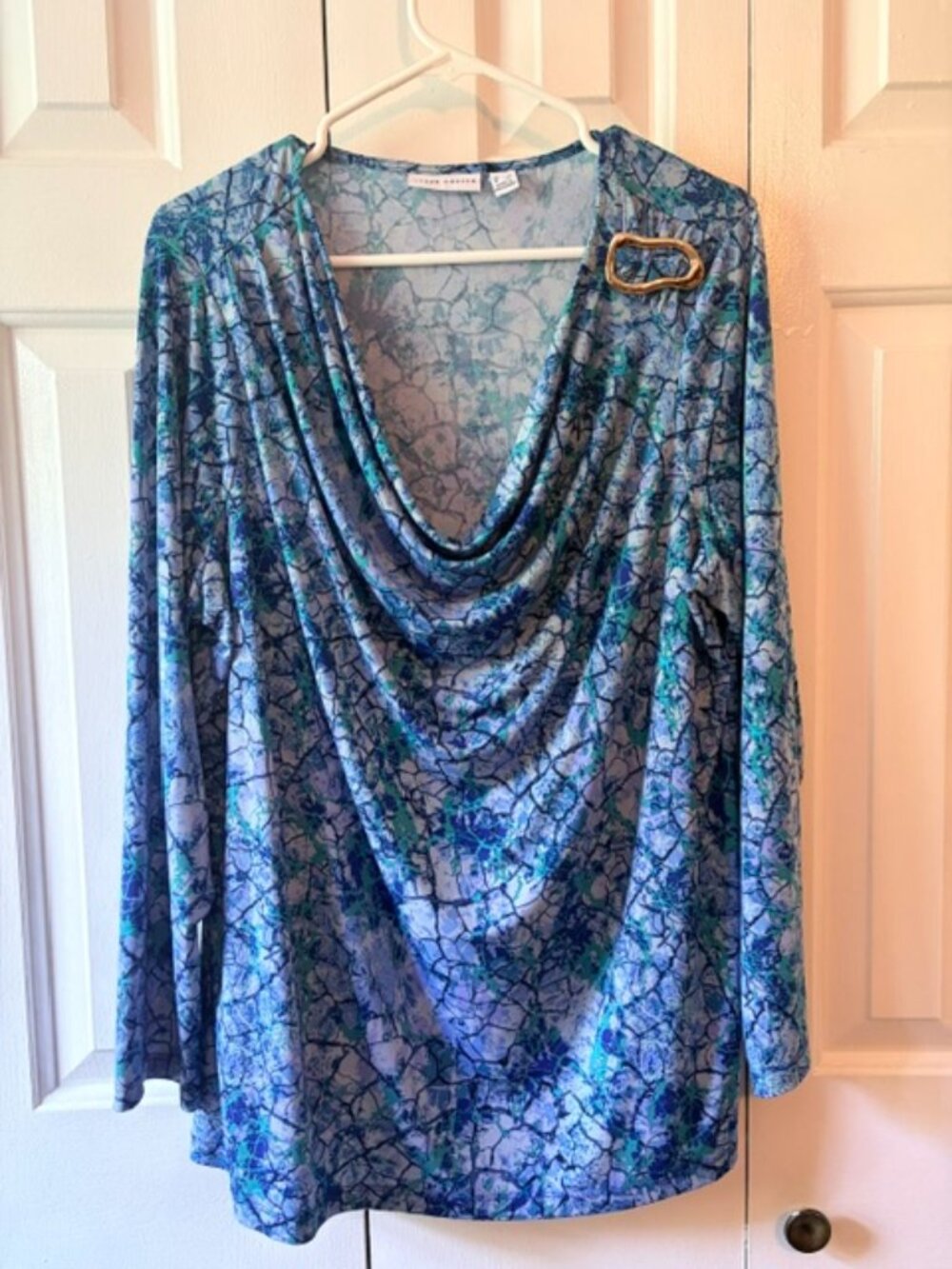 Susan Graver Liquid Knit Cowl Neck Buckle Top Blue Green 2X Plus